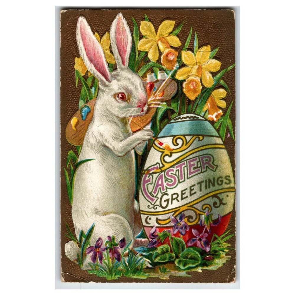 Antique 1903 Easter Greetings Postcard Embossed Bunny Rabbit Painting Egg